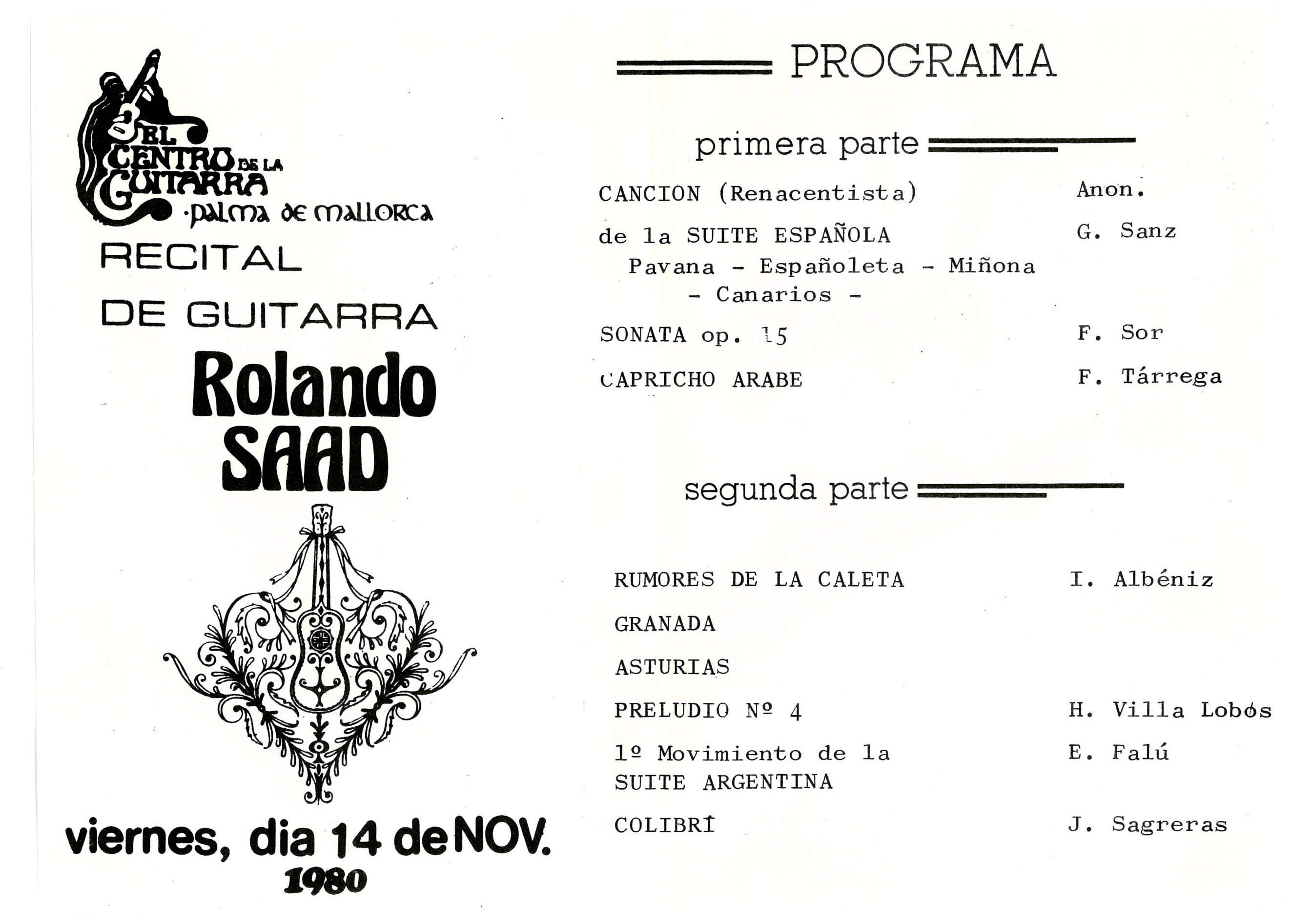 Programa de mano del primer concierto en Palma de Mallorca